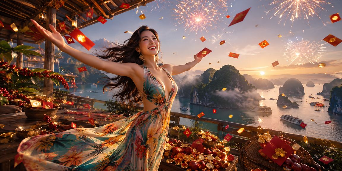 Khung cảnh vịnh Hạ Long với phong bì đỏ may mắn và cốc cà phê Việt Nam, biểu tượng thưởng đặc biệt