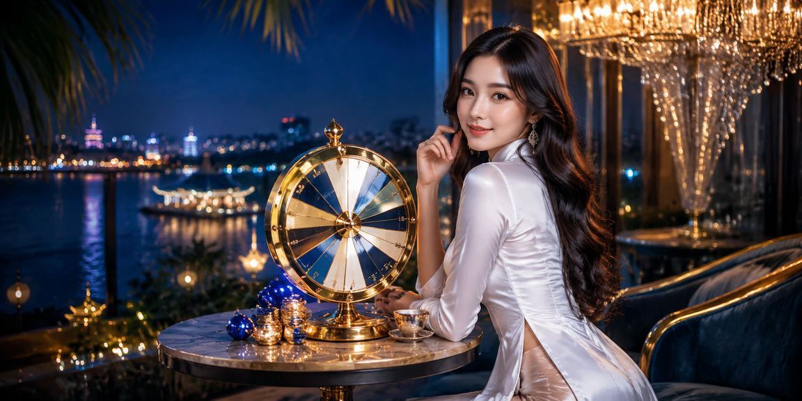 Người phụ nữ mặc áo dài truyền thống Hà Nội ngồi trước bàn roulette trong không gian casino sang trọng